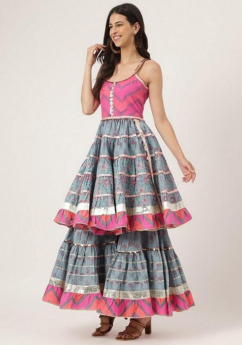 Blue Printed Cotton Sharara Set