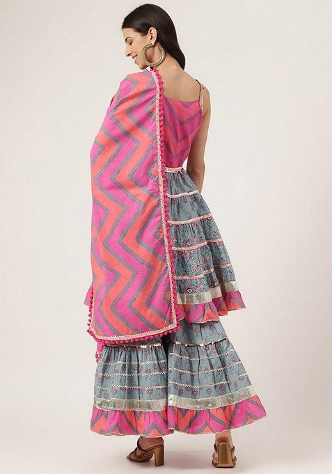 Blue Printed Cotton Sharara Set