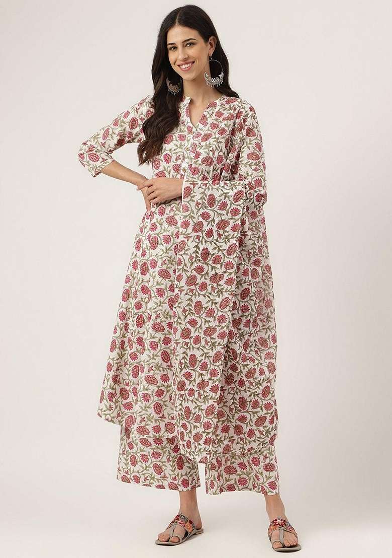 White Floral Print Cotton Straight Kurta Set - Indya