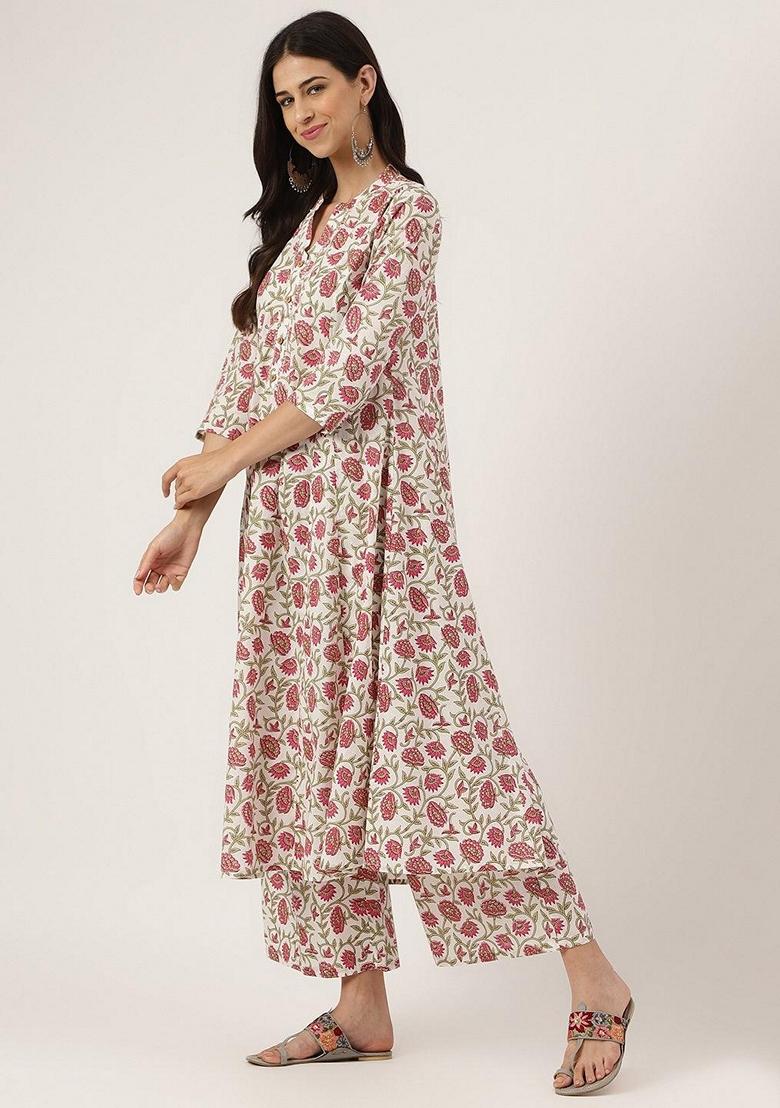 White Floral Print Pure Cotton Palazzo Set