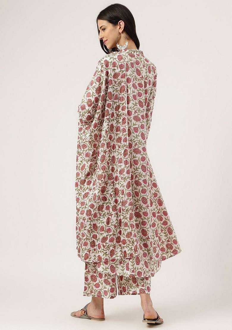 White Floral Print Cotton Straight Kurta Set - Indya