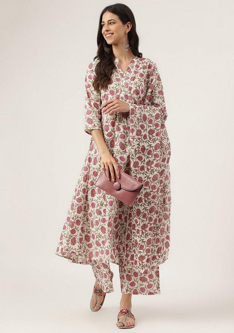 White Floral Print Pure Cotton Palazzo Set