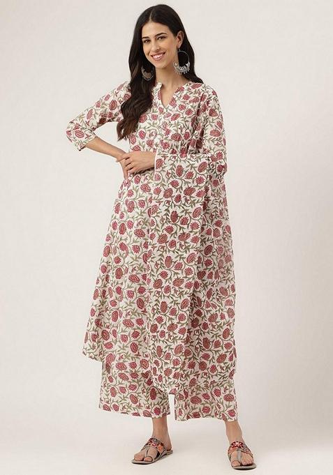 White Floral Print Pure Cotton Palazzo Set