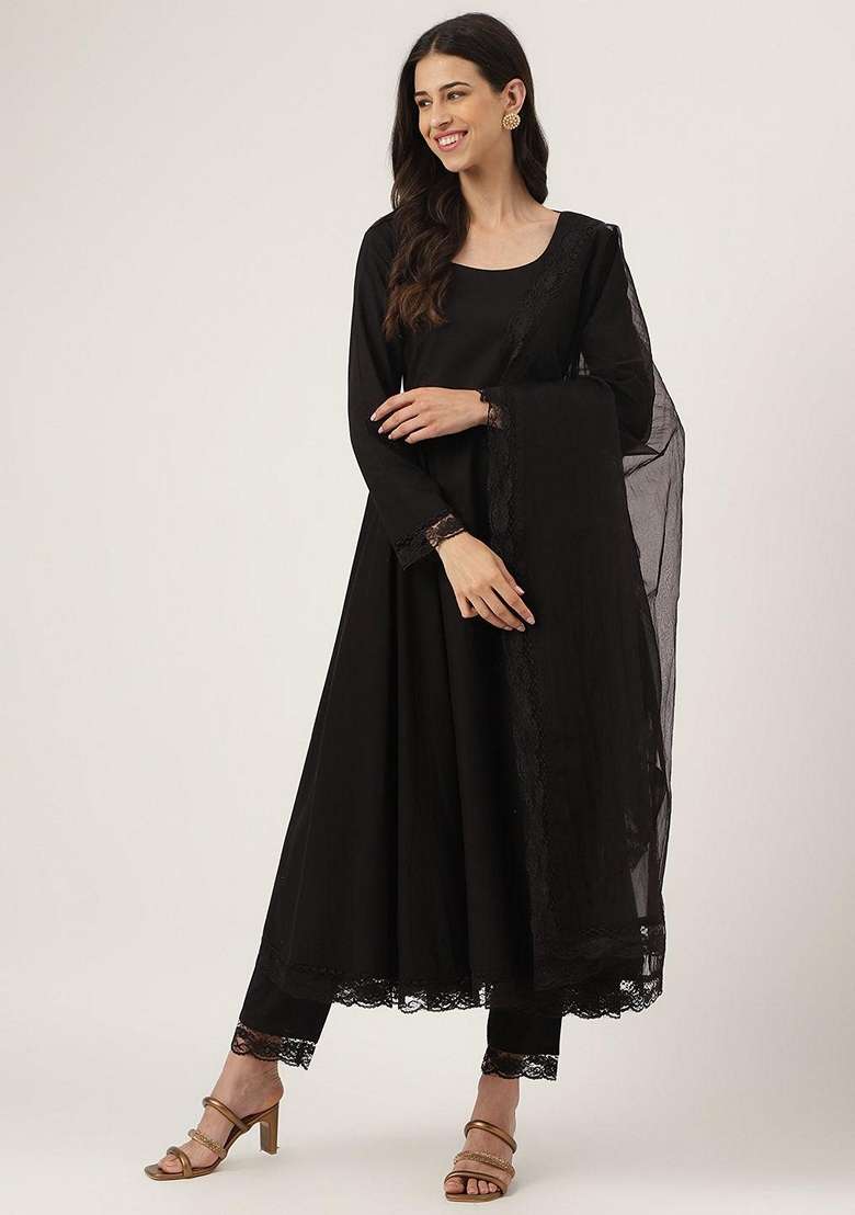 Black Solid Cotton Anarkali With Dupatta - Indya