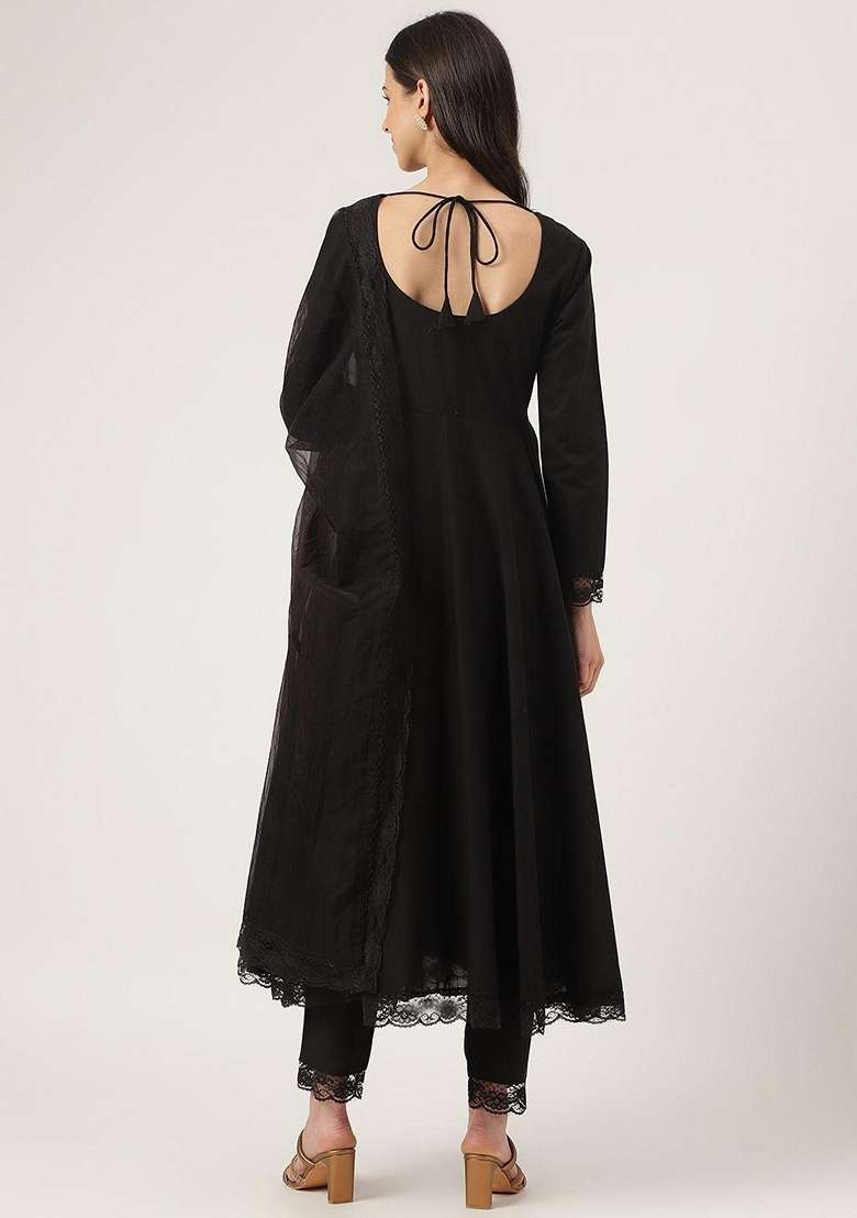 Black Solid Cotton Anarkali With Dupatta - Indya