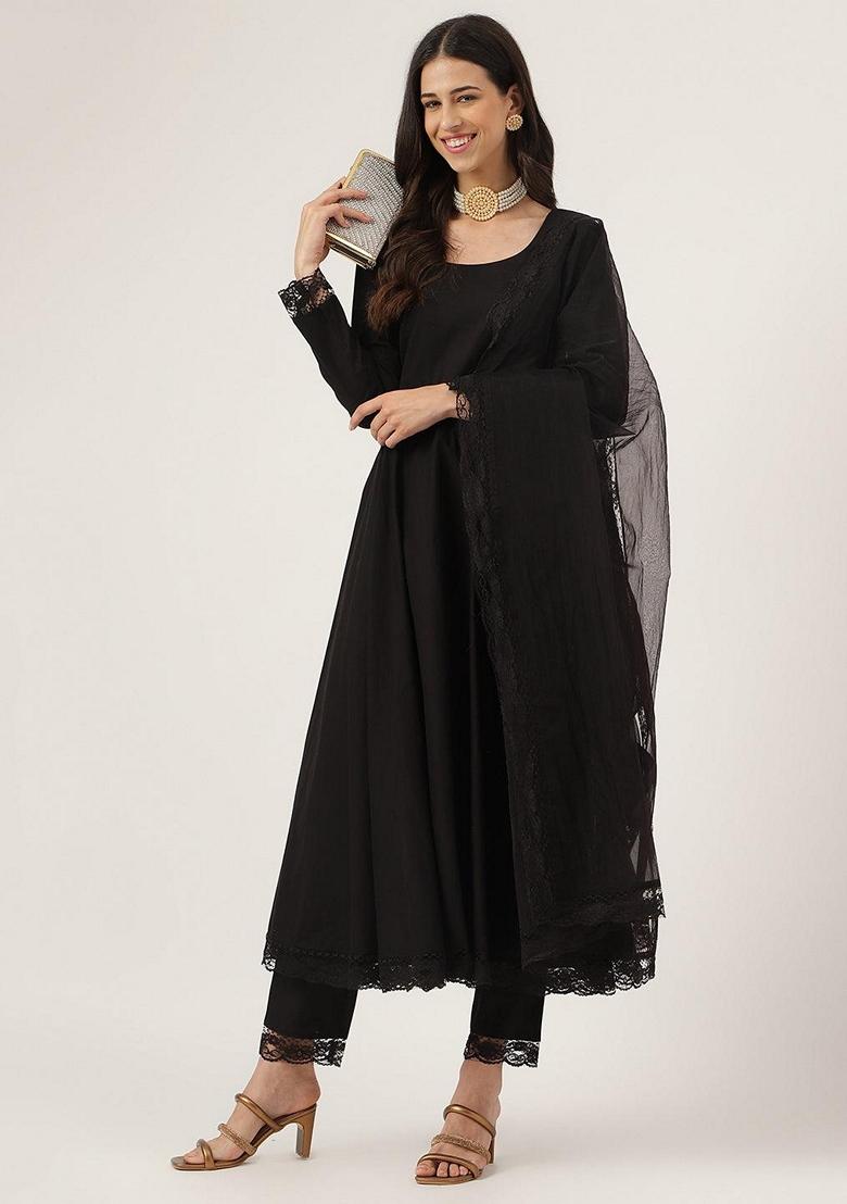 Black Solid Pure Cotton Anarkali Set