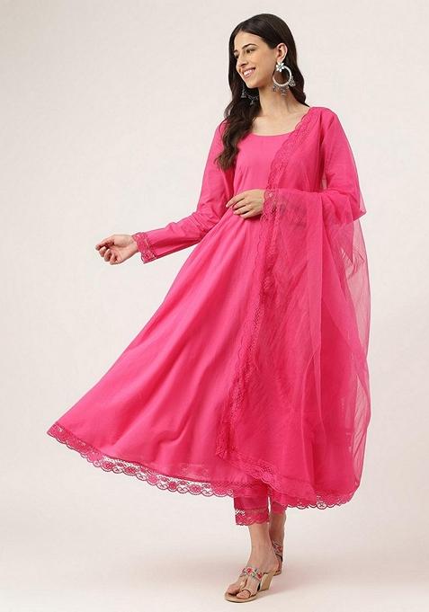 Pink Solid Pure Cotton Anarkali Set