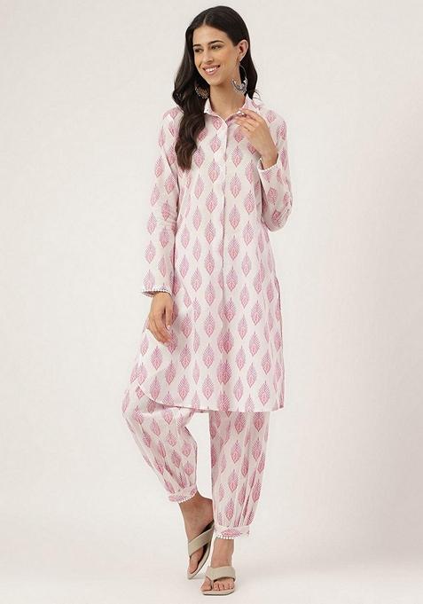 White Printed Cotton Kurta Set