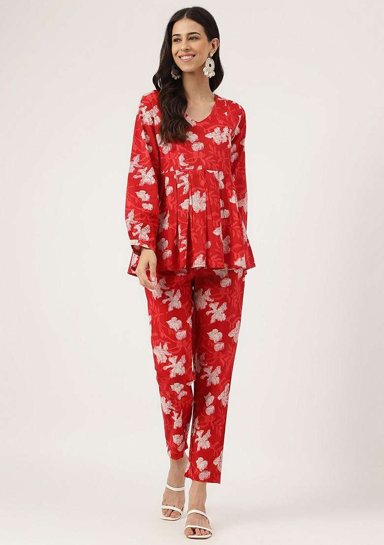 Red Printed Cotton Co Ord Set for Diwali | Wedding & Festive Wear - Indya