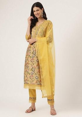 Mustard Floral Print Muslin Kurta Set