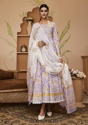 Lavender Printed Cotton Anarkali Set