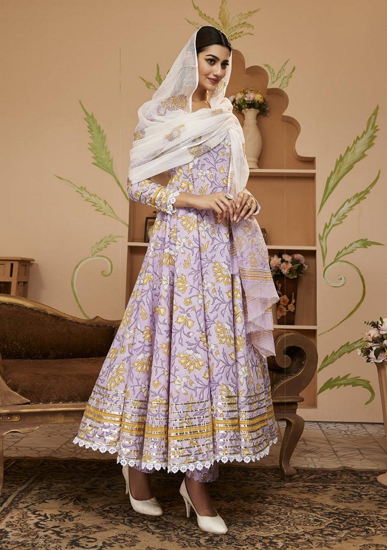 Lavender Printed Cotton Anarkali Set - Indya