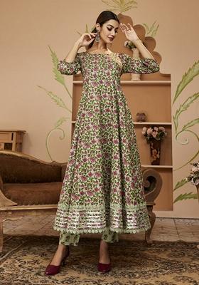 Green Floral Print Cotton Anarkali Set