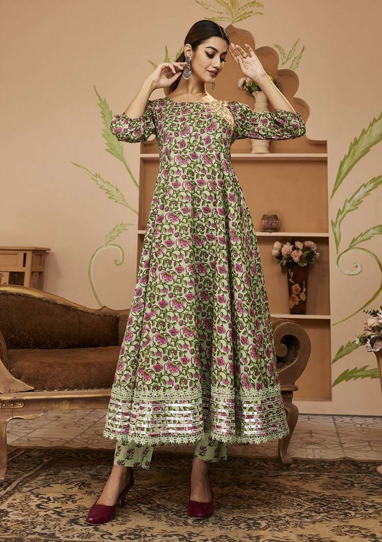 Green Floral Print Cotton Anarkali With Dupatta - Indya