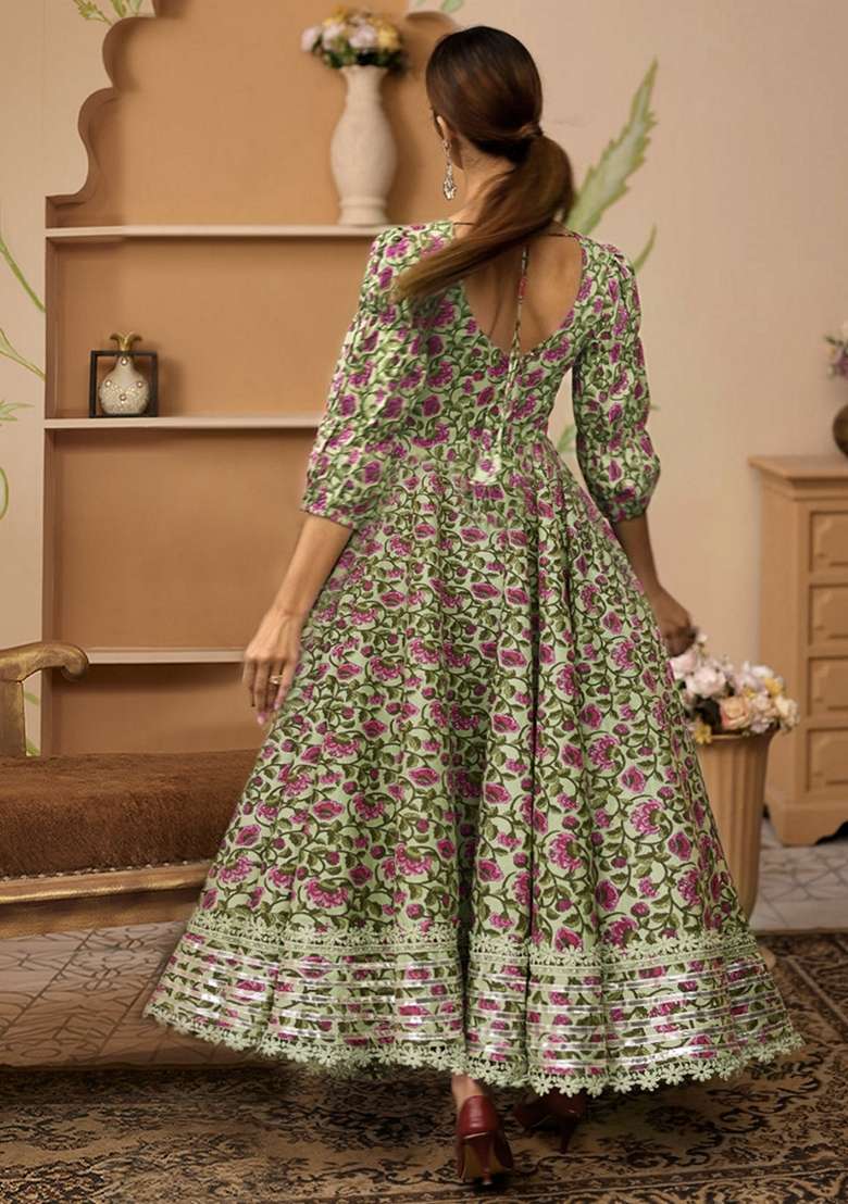 Green Floral Print Cotton Anarkali With Dupatta - Indya
