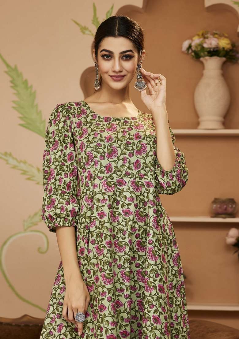 Green Floral Print Cotton Anarkali With Dupatta - Indya