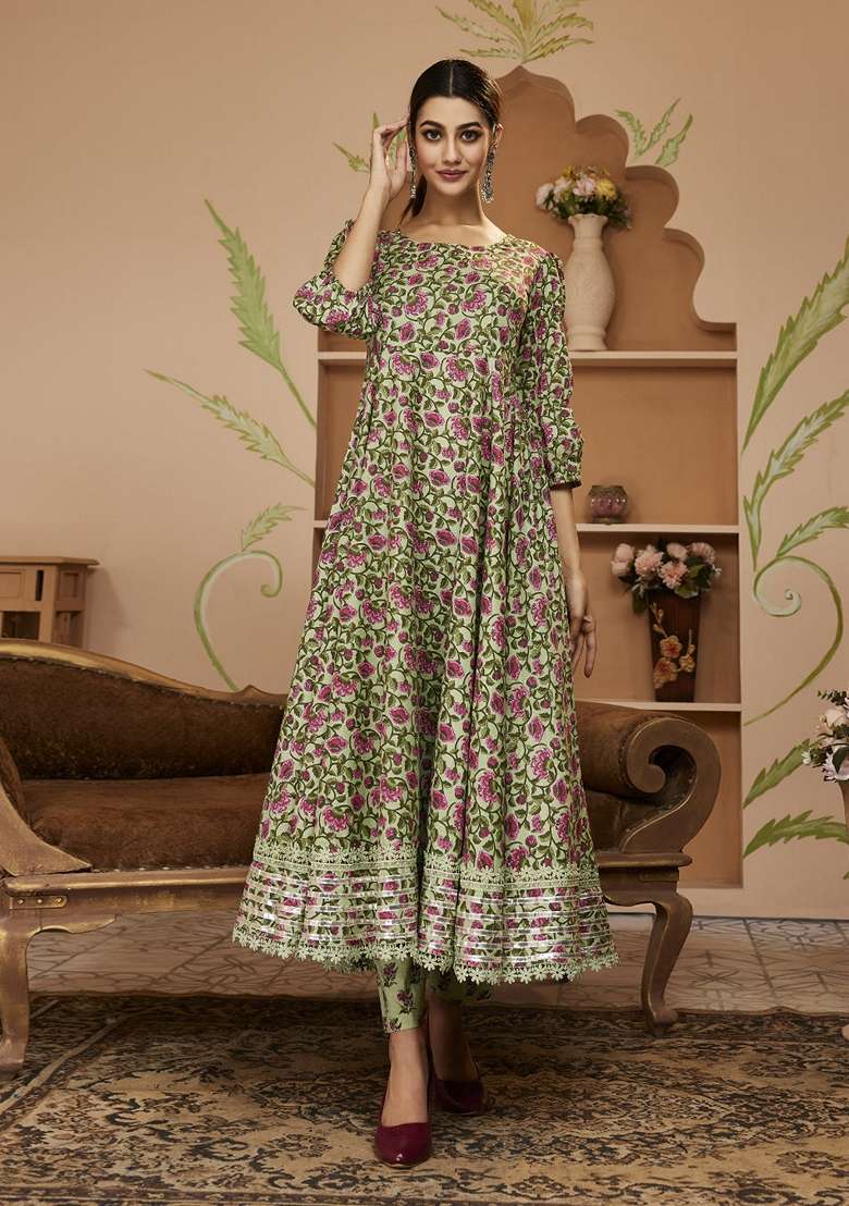 Green Floral Print Cotton Anarkali With Dupatta - Indya