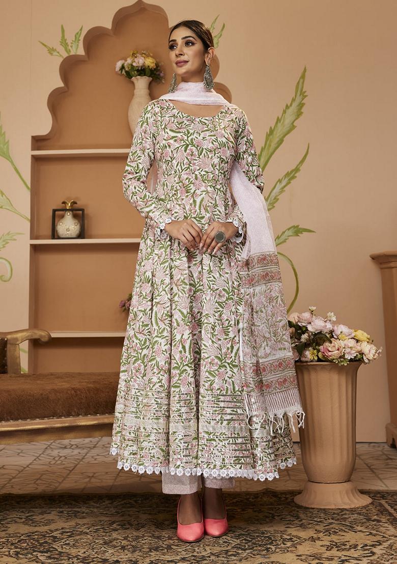 Green Printed Cotton Anarkali Set