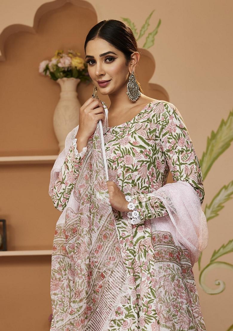 Green Printed Cotton Anarkali Set