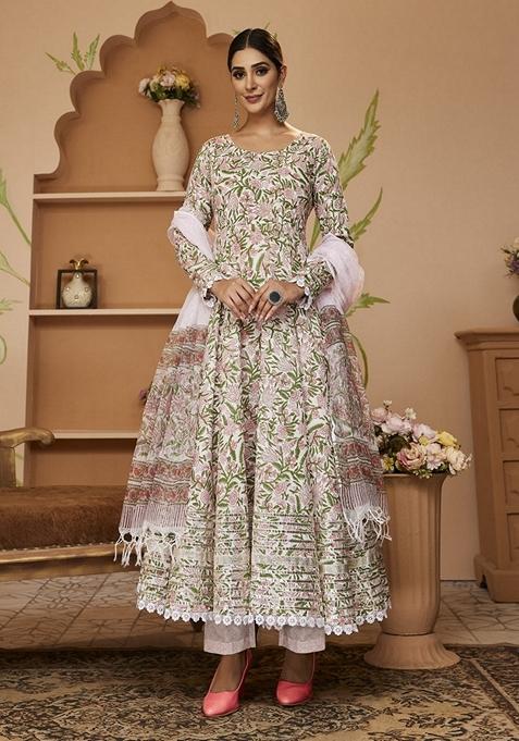 Green Printed Cotton Anarkali Set