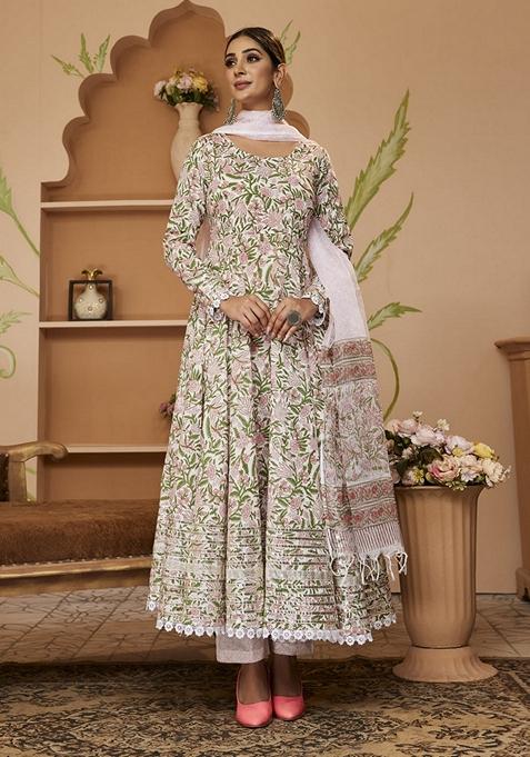 Green Printed Cotton Anarkali Set