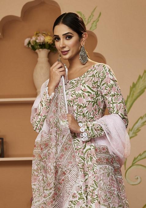 Green Printed Cotton Anarkali Set