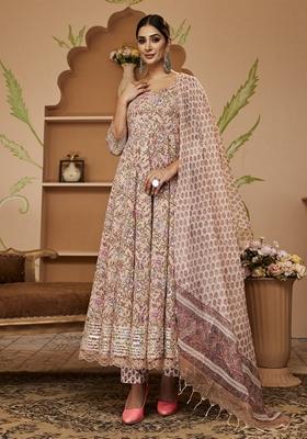 Beige Floral Print Cotton Anarkali Set