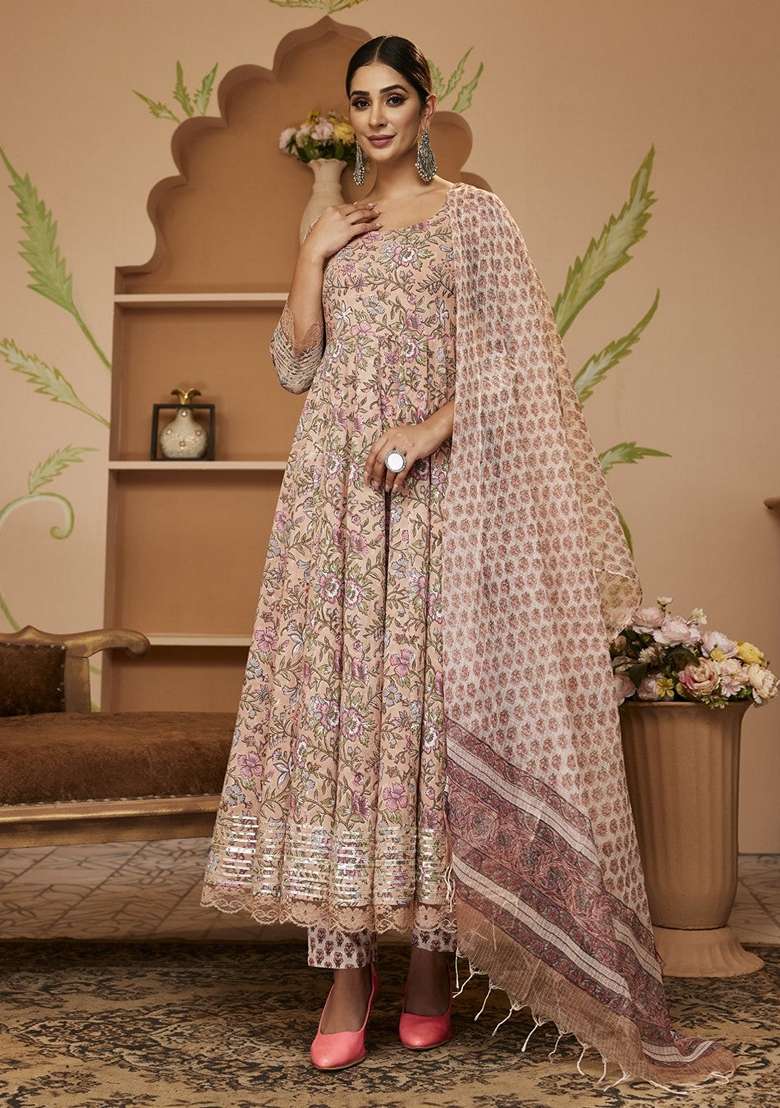 Beige Printed Cotton Anarkali With Dupatta - Indya