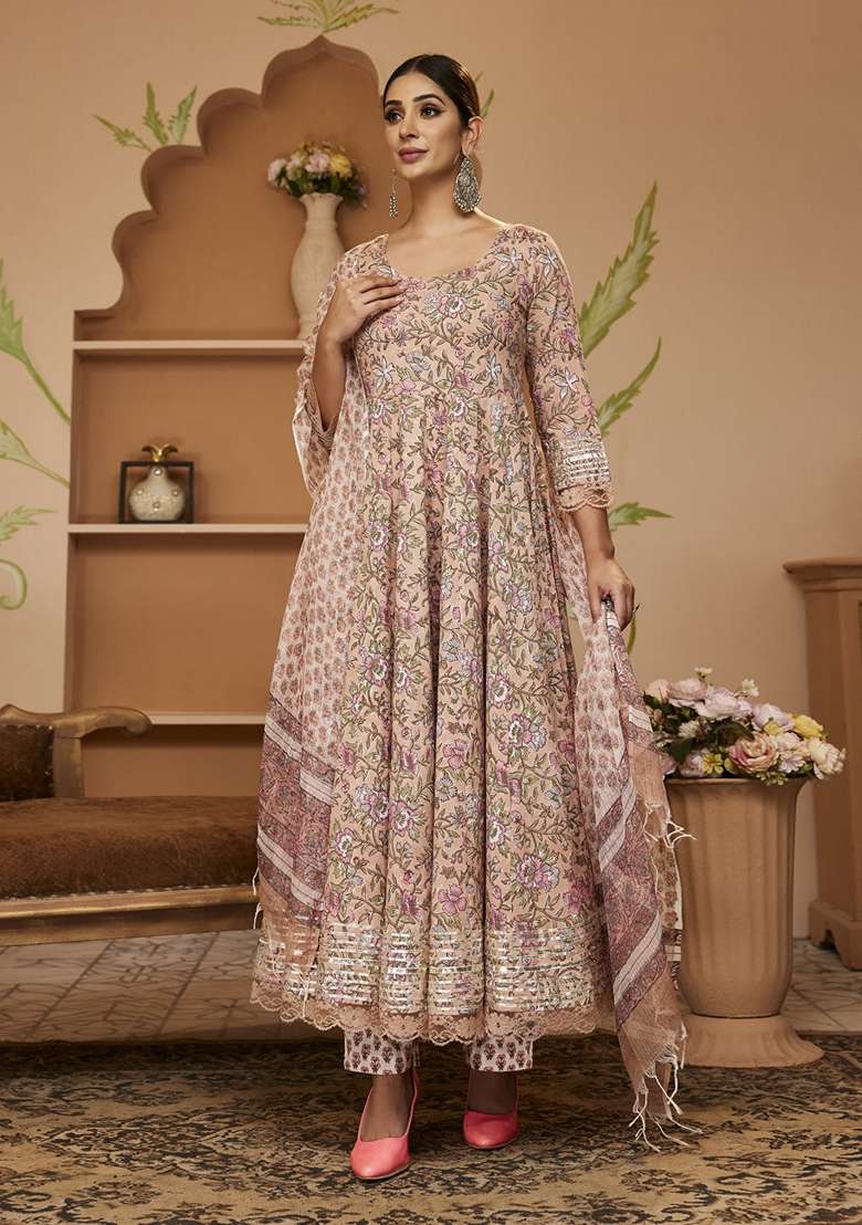 Beige Printed Cotton Anarkali With Dupatta - Indya