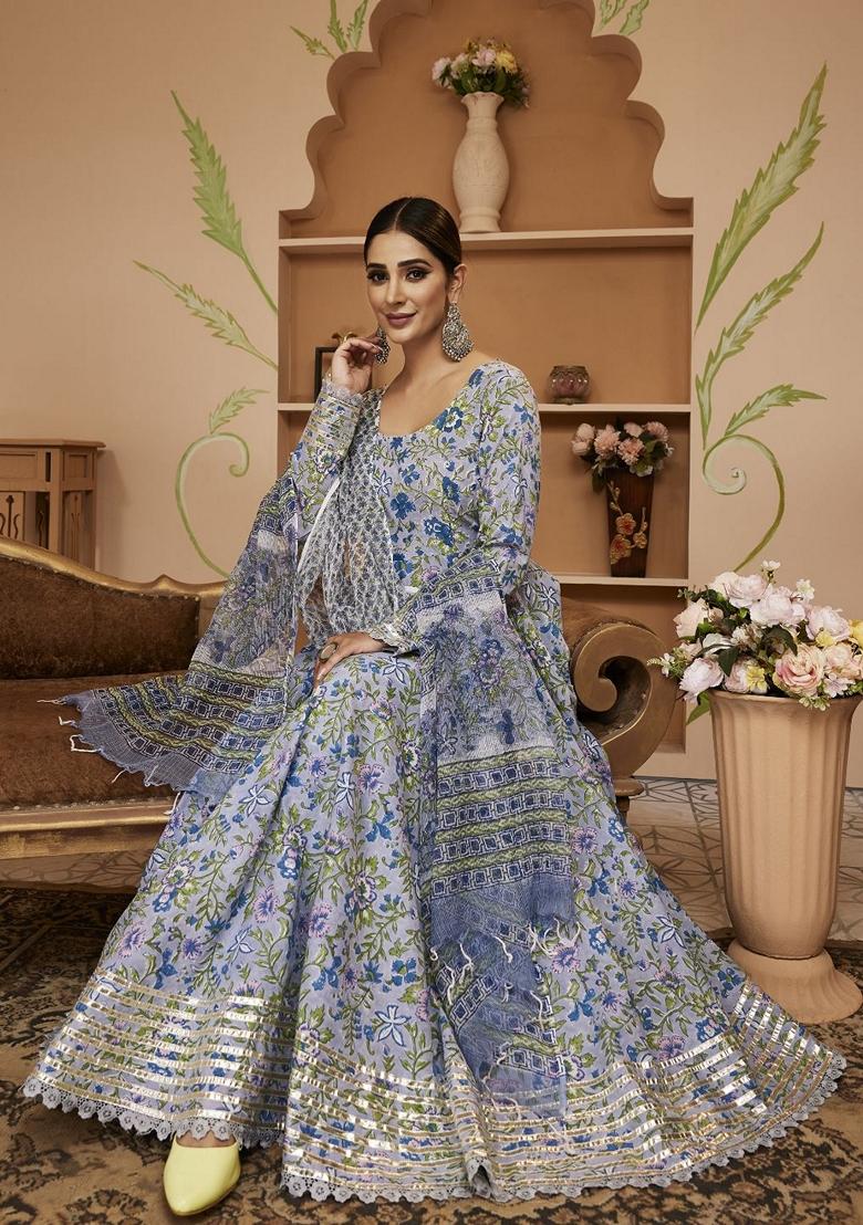 Blue Floral Print Cotton Anarkali Set
