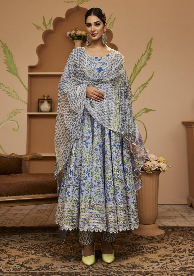 Blue Floral Print Cotton Anarkali Set