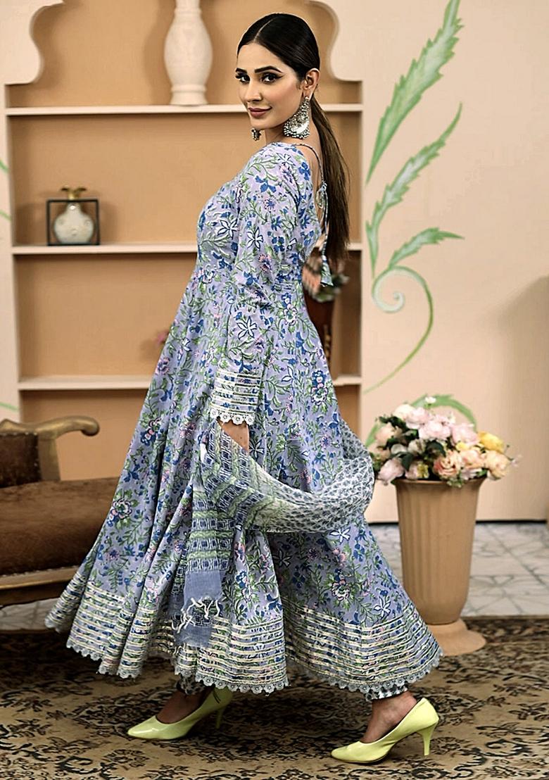 Blue Floral Print Cotton Anarkali Set