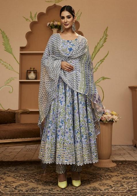 Blue Floral Print Cotton Anarkali Set