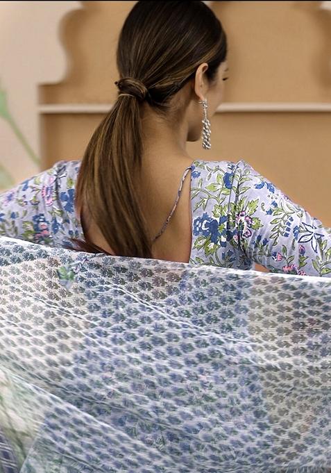 Blue Floral Print Cotton Anarkali Set