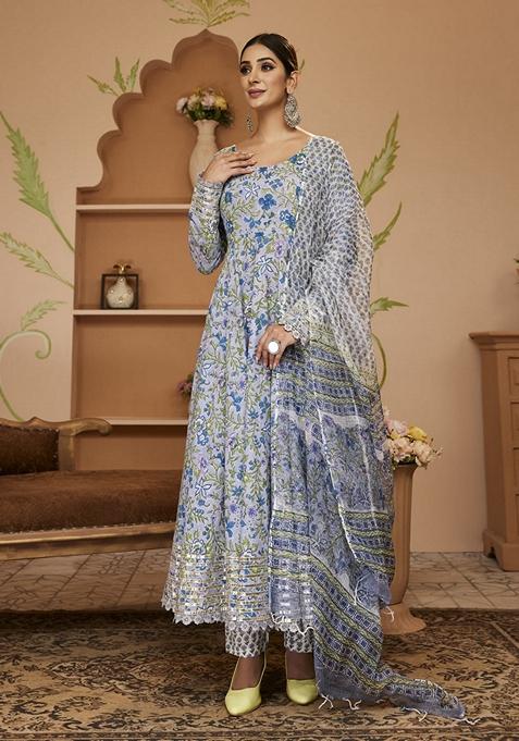 Blue Floral Print Cotton Anarkali Set