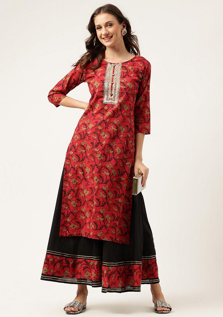 Maroon Floral Print Cotton Sharara Set - Indya