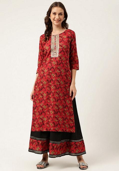 Maroon Floral Print Cotton Sharara Set