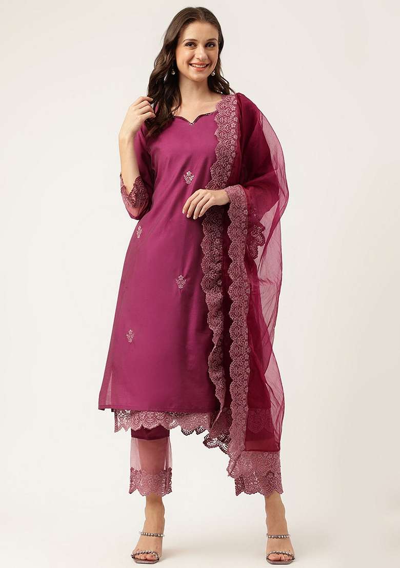 Purple Embroidered Cotton Straight Kurta Set - Indya