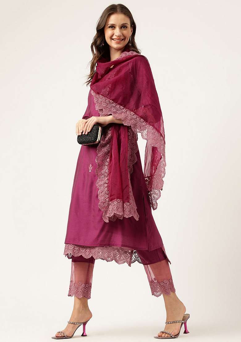 Purple Embroidered Cotton Straight Kurta Set - Indya