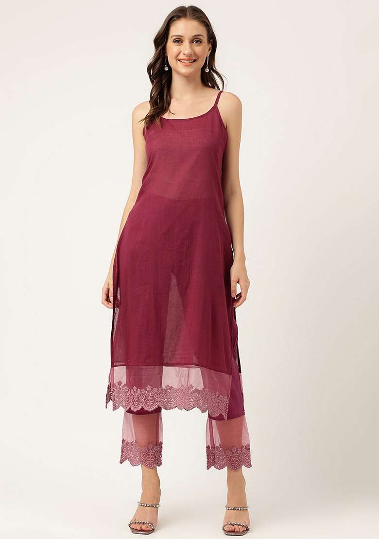 Purple Embroidered Cotton Straight Kurta Set - Indya
