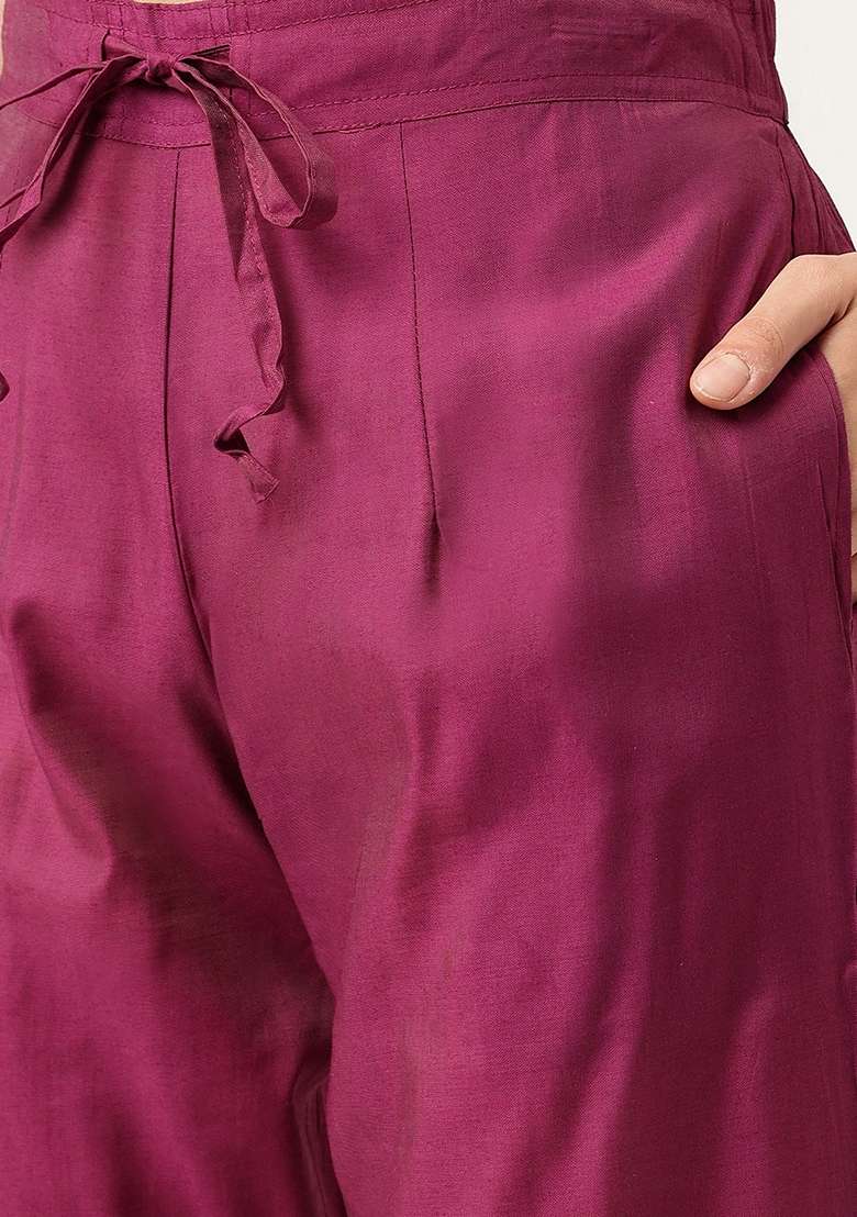 Purple Embroidered Cotton Straight Kurta Set - Indya