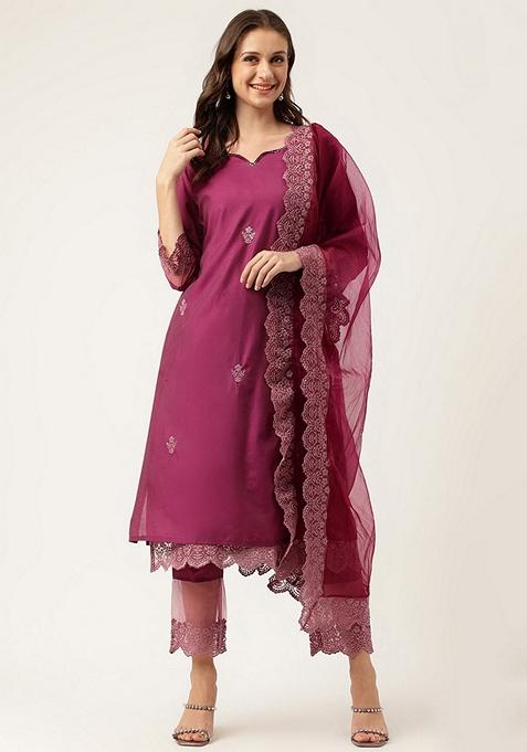 Purple Embroidered Cotton Kurta Set