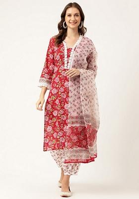 Maroon Floral Print Cotton Kurta Set