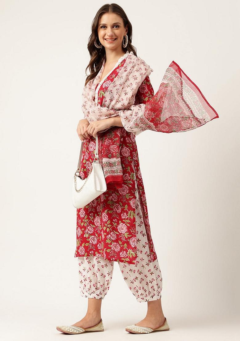 Maroon Floral Print Cotton Kurta Set - Indya