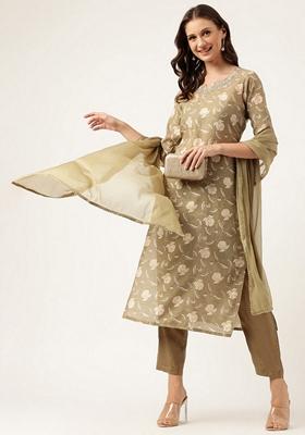Olive Green Embroidered Cotton Kurta Set