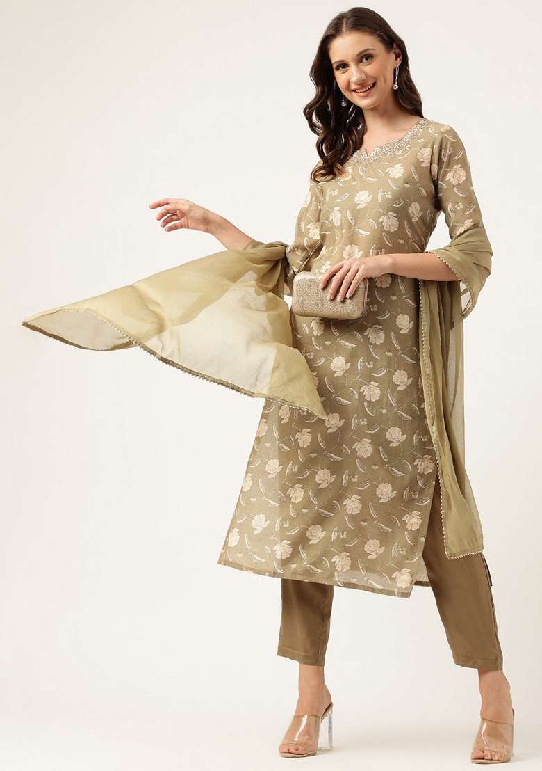 Olive Green Floral Print Cotton Straight Kurta Set - Indya