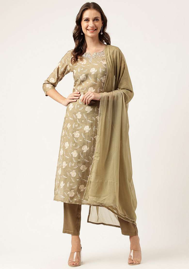 Olive Green Floral Print Cotton Straight Kurta Set - Indya