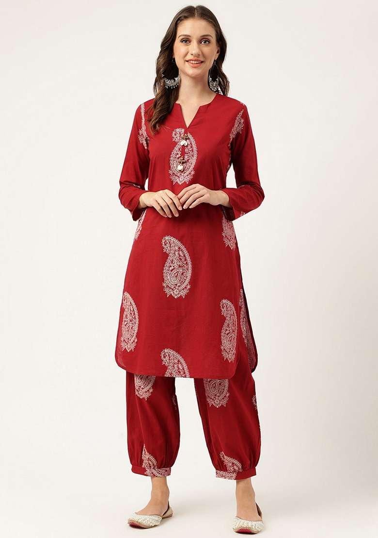 Maroon Printed Cotton Co Ord Set - Indya