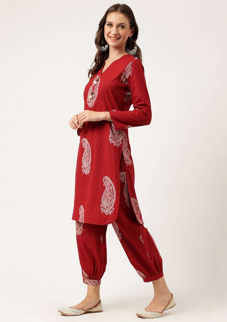 Maroon Printed Cotton Co Ord Set - Indya