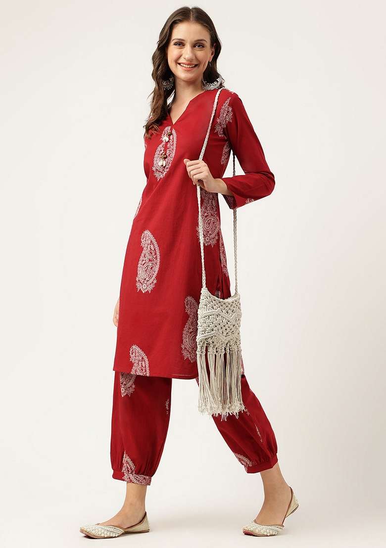 Maroon Printed Cotton Co Ord Set - Indya